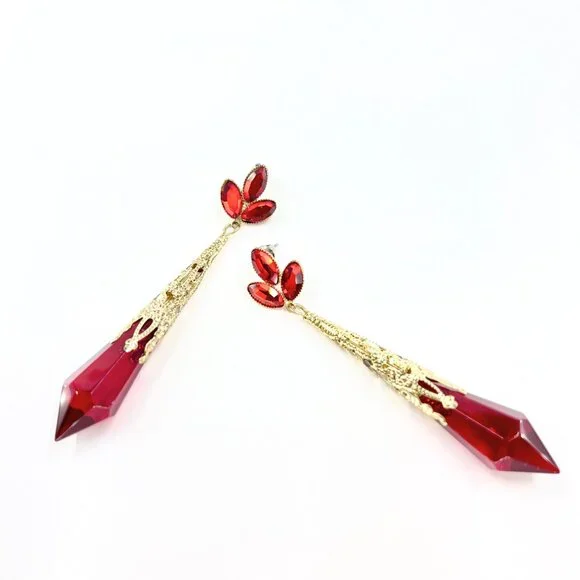 NWT – Charming Charlie – Red Jeweled Drop Glass Dangle Gold Tone 3.5” Earrings - Picture 1 of 8